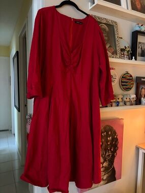 eshakti Red V-Neck Long Sleeve Midi Dress U6